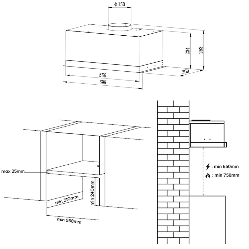 Hotte encastrable 60cm 650m3/h 3 vitesses groupe filtrant évacuation ou recyclage noire Ciarra CD6926AB