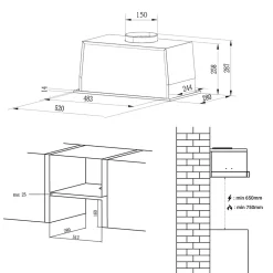Hotte encastrable 52cm 460m3/h 3 Vitesses groupe filtrant controle tactile ou par geste Ciarra CD5931BK