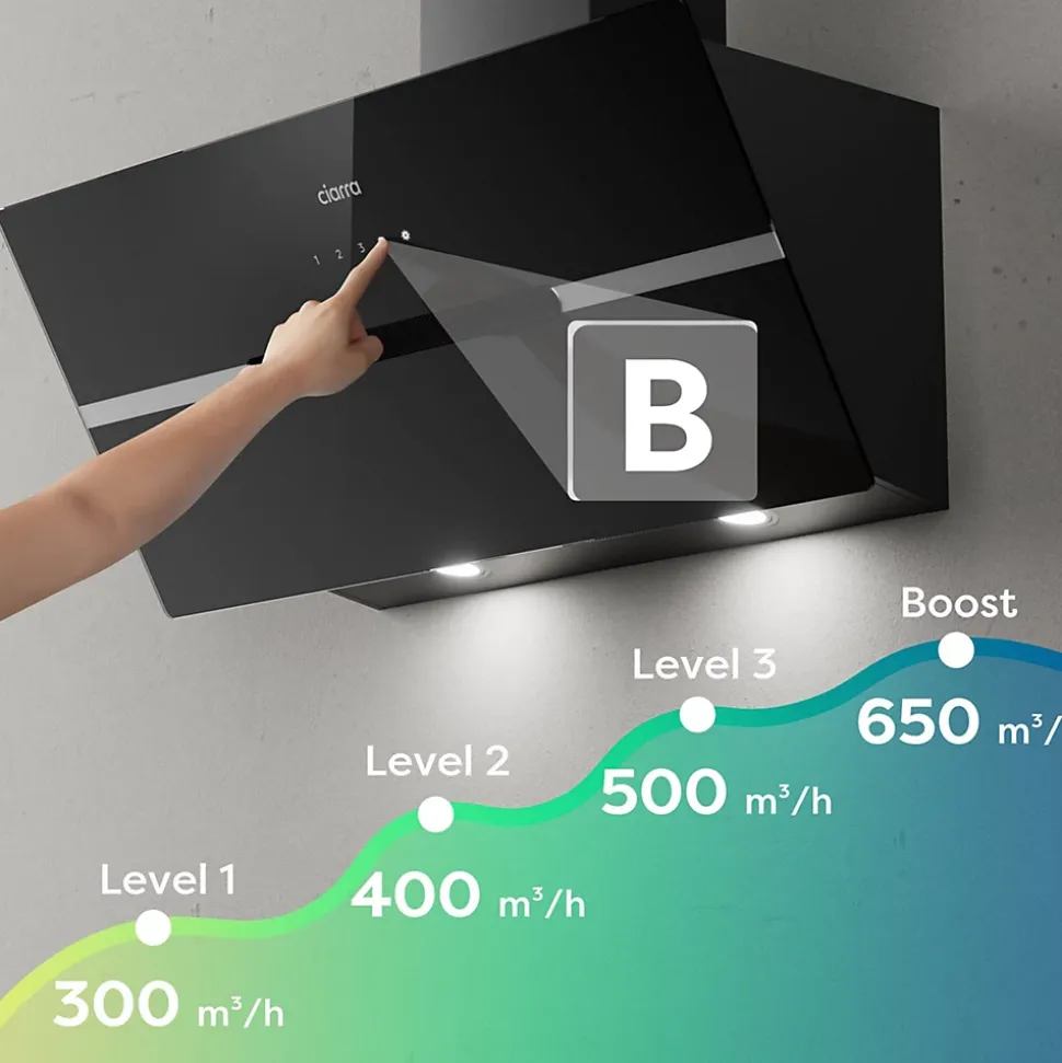 Hotte inclinée 90cm 650m3/h 4 vitesses wifi connectée tactile évacuation ou recyclage noir Ciarra CD9736FB