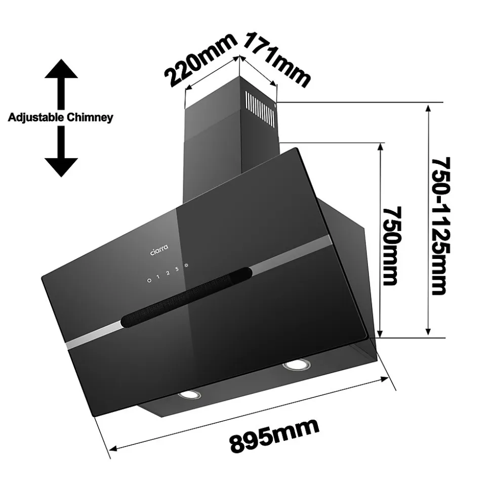 Hotte inclinée 90cm 650m3/h 4 vitesses wifi connectée tactile évacuation ou recyclage noir Ciarra CD9736FB