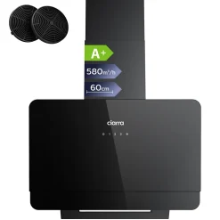 Hotte inclinée 60cm 580m3/h 3 vitesses tactile évacuation ou recyclage noir Ciarra CD6765CB