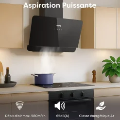 Hotte inclinée 60cm 580m3/h 3 vitesses tactile évacuation ou recyclage noir Ciarra CD6765CB