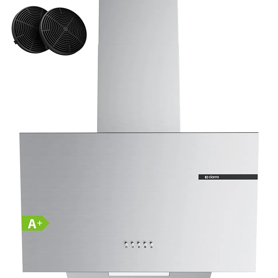 Hotte inclinée 60cm 600m3/h 3 vitesses évacuation ou recyclage inox Ciarra CD6765AS