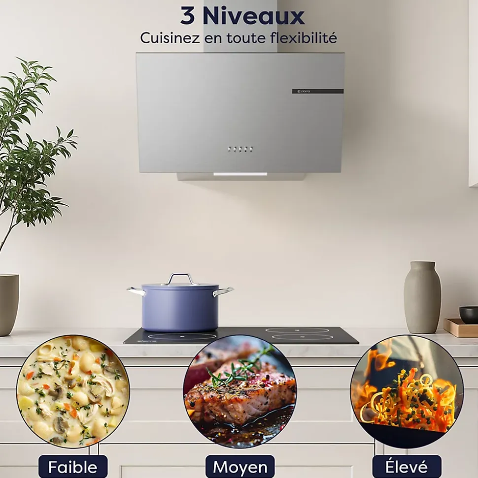 Hotte inclinée 60cm 600m3/h 3 vitesses évacuation ou recyclage inox Ciarra CD6765AS