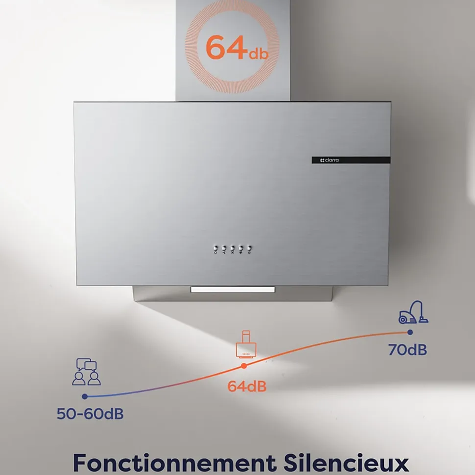 Hotte inclinée 60cm 600m3/h 3 vitesses évacuation ou recyclage inox Ciarra CD6765AS