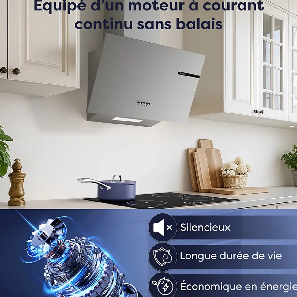 Hotte inclinée 60cm 600m3/h 3 vitesses évacuation ou recyclage inox Ciarra CD6765AS