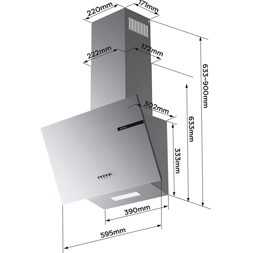 Hotte inclinée 60cm 600m3/h 3 vitesses évacuation ou recyclage inox Ciarra CD6765AS