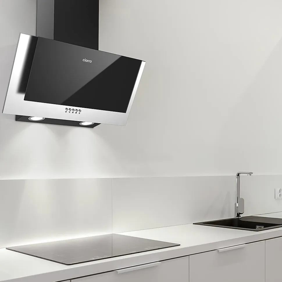 Hotte inclinée 60cm murale 350m3h 3 vitesses évacuation ou recyclage classe a++ noir Ciarra 736CBK60