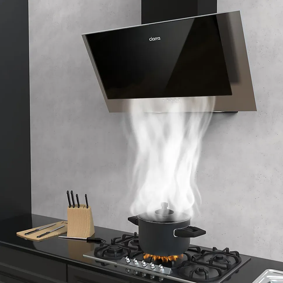 Hotte inclinée 60cm murale 350m3h 3 vitesses évacuation ou recyclage classe a++ noir Ciarra 736CBK60