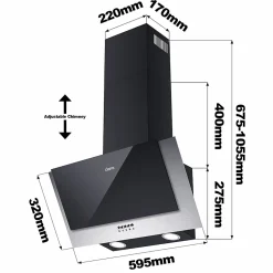 Hotte inclinée 60cm murale 350m3h 3 vitesses évacuation ou recyclage classe a++ noir Ciarra 736CBK60