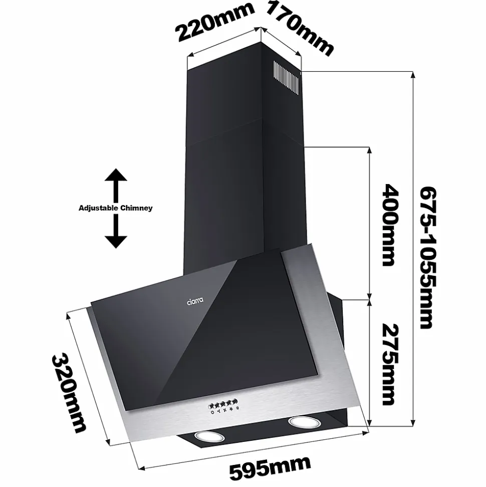 Hotte inclinée 60cm murale 350m3h 3 vitesses évacuation ou recyclage classe a++ noir Ciarra 736CBK60