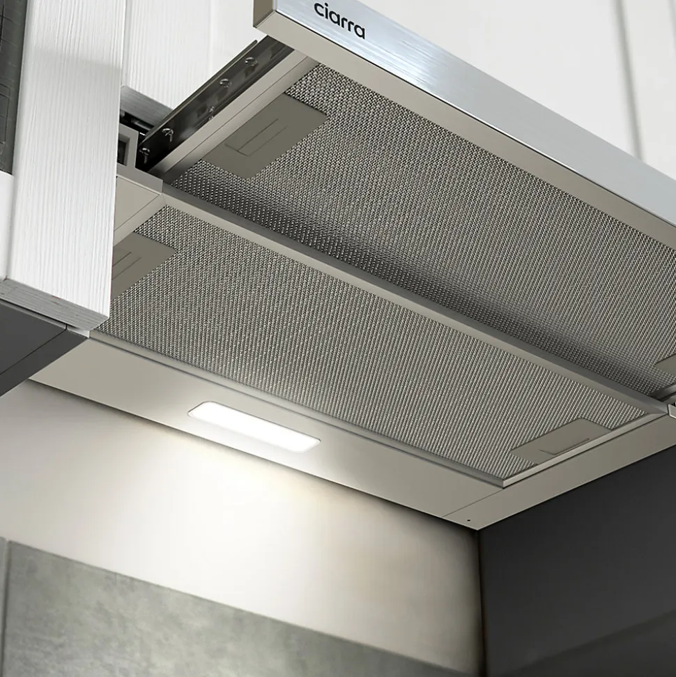 Hotte tiroir encastrable 60cm 370m3/h 2 vitesses téléscopique évacuation ou recyclage inox Ciarra CD6906DS