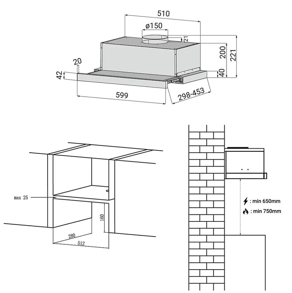 Hotte tiroir encastrable 60cm 370m3/h 2 vitesses téléscopique évacuation ou recyclage inox Ciarra CD6906DS