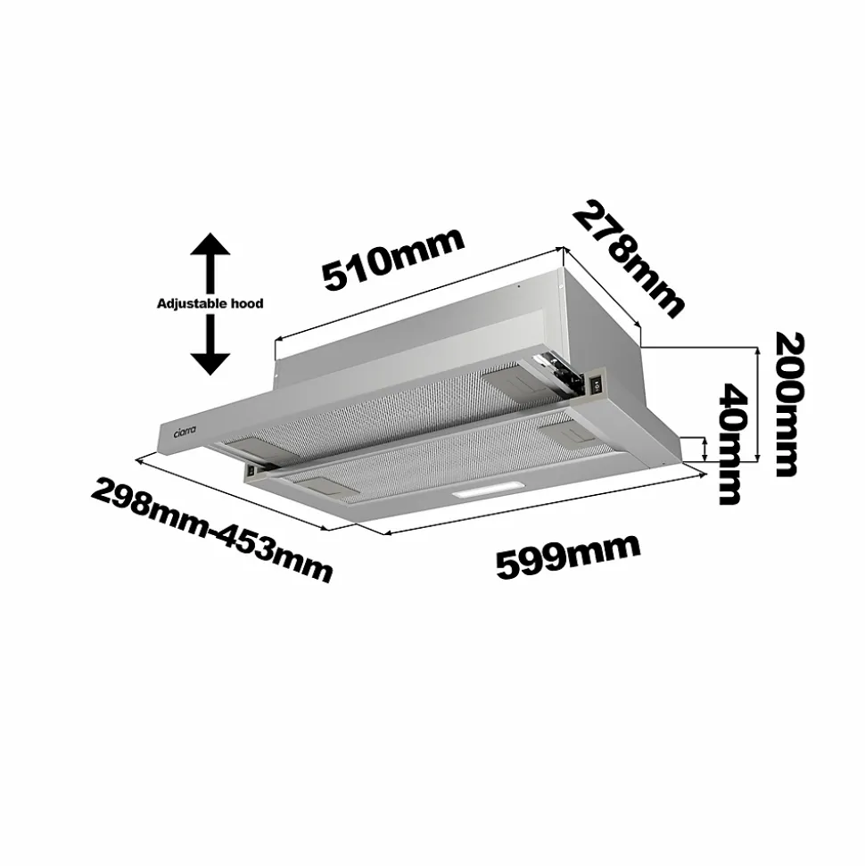 Hotte tiroir encastrable 60cm 370m3/h 2 vitesses téléscopique évacuation ou recyclage inox Ciarra CD6906DS