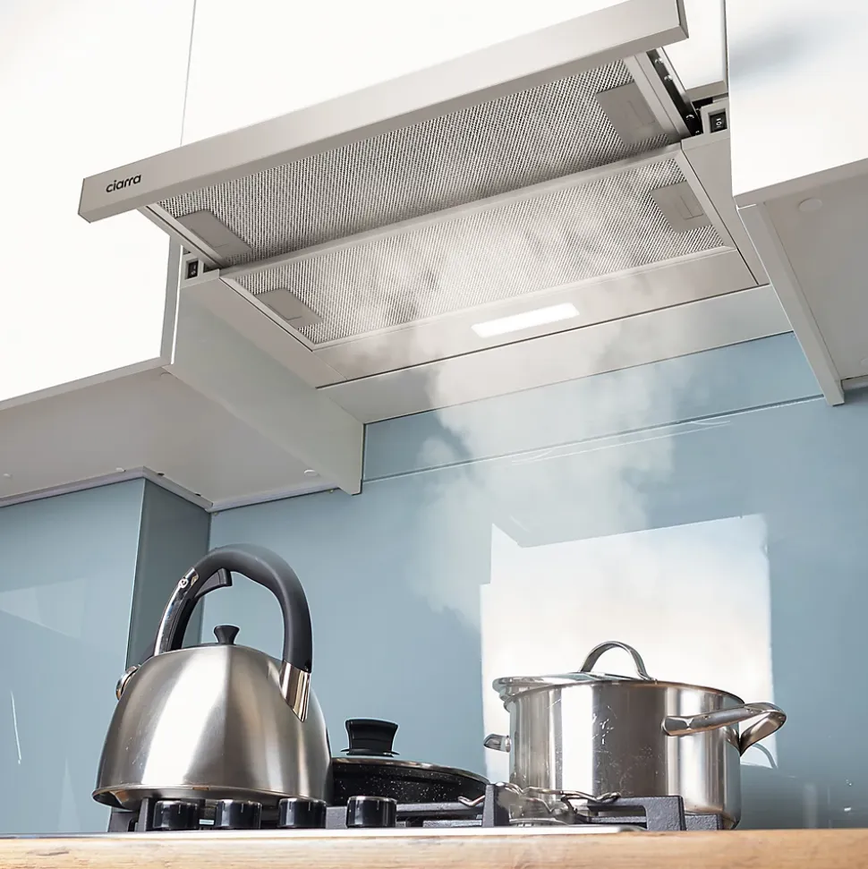 Hotte tiroir encastrable 60cm 370m3/h 2 vitesses téléscopique évacuation ou recyclage inox Ciarra CD6906DS