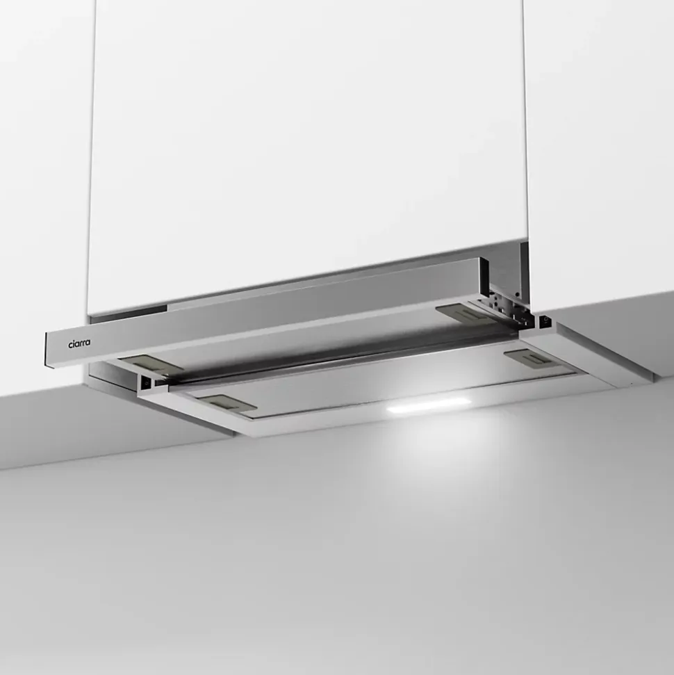 Hotte tiroir encastrable 60cm 370m3/h 2 vitesses téléscopique évacuation ou recyclage inox Ciarra CD6906DS