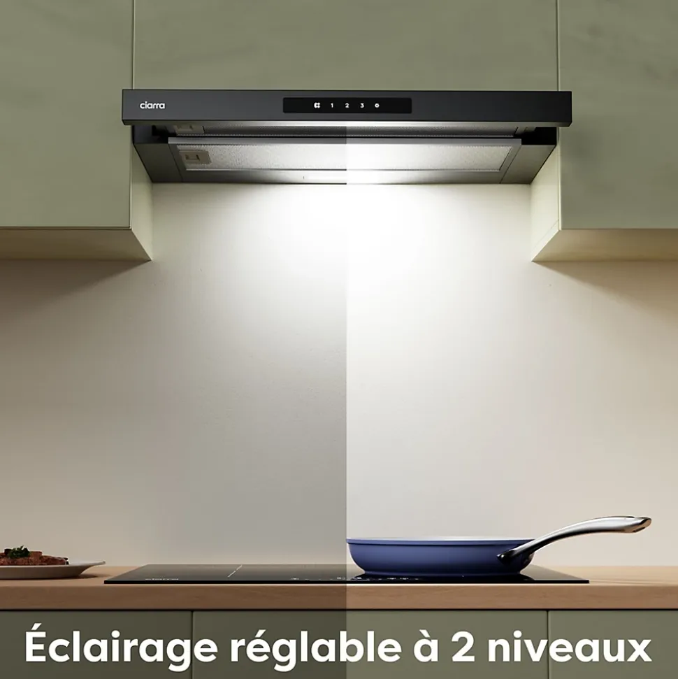 Hotte tiroir encastrable 60cm 580m3/h 3 vitesses tactile évacuation ou recyclage noir Ciarra CD6909AB