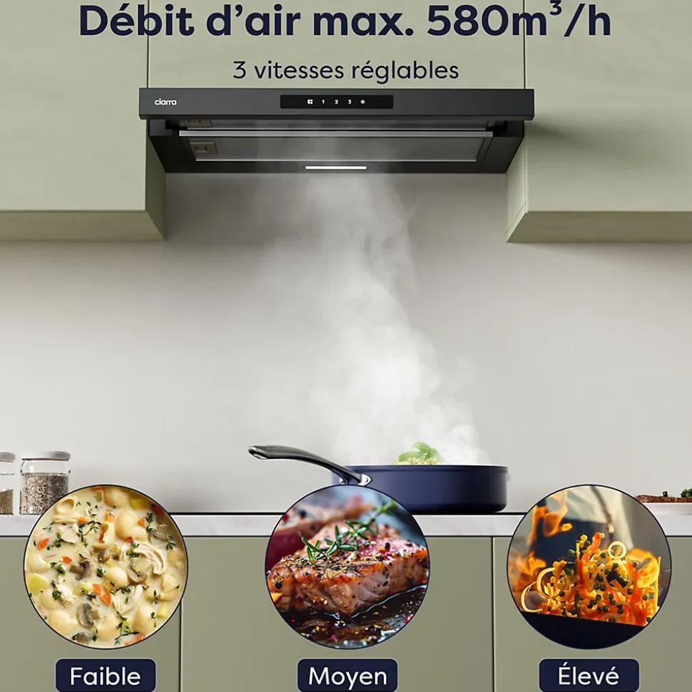 Hotte tiroir encastrable 60cm 580m3/h 3 vitesses tactile évacuation ou recyclage noir Ciarra CD6909AB