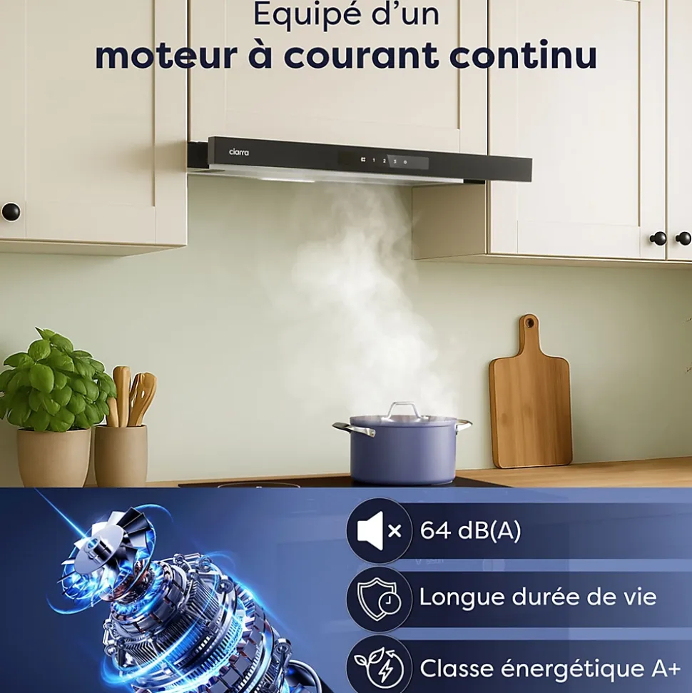 Hotte tiroir encastrable 60cm 580m3/h 3 vitesses tactile évacuation ou recyclage noir Ciarra CD6909AB