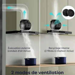 Hotte tiroir encastrable 60cm 580m3/h 3 vitesses tactile évacuation ou recyclage noir Ciarra CD6909AB