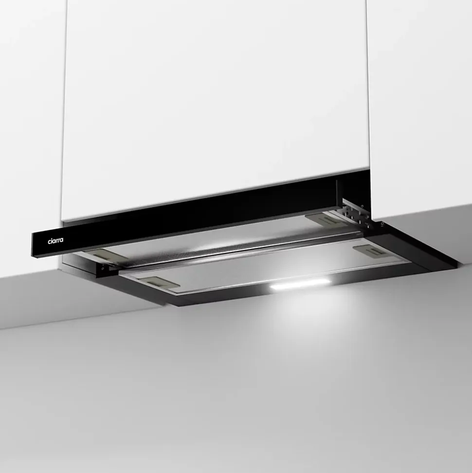 Hotte tiroir encastrable 60cm 370m3/h 2 vitesses téléscopique évacuation ou recyclage noir Ciarra CD6906DB