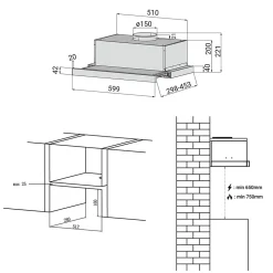 Hotte tiroir encastrable 60cm 370m3/h 2 vitesses téléscopique évacuation ou recyclage noir Ciarra CD6906DB