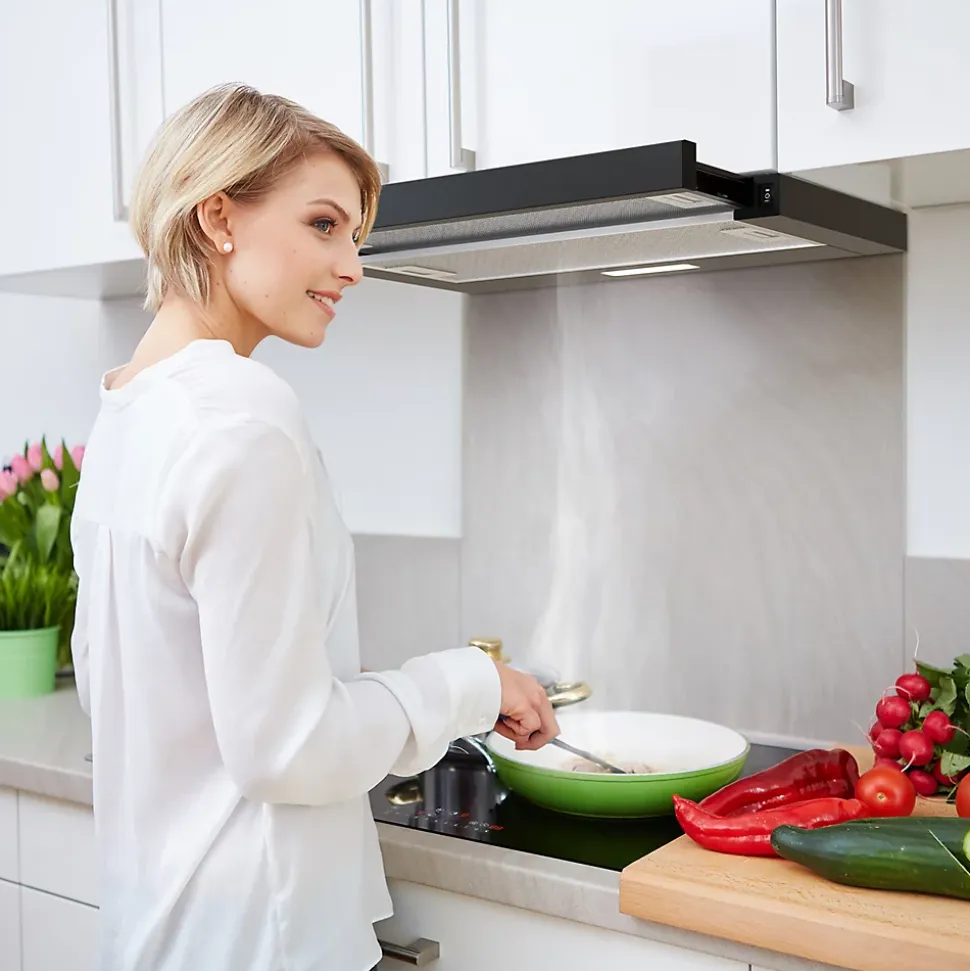 Hotte tiroir encastrable 60cm 370m3/h 2 vitesses téléscopique évacuation ou recyclage noir Ciarra CD6906DB