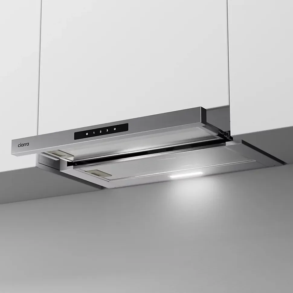 Hotte tiroir encastrable 60cm 580m3/h 3 vitesses tactile évacuation ou recyclage inox Ciarra CD6909AS