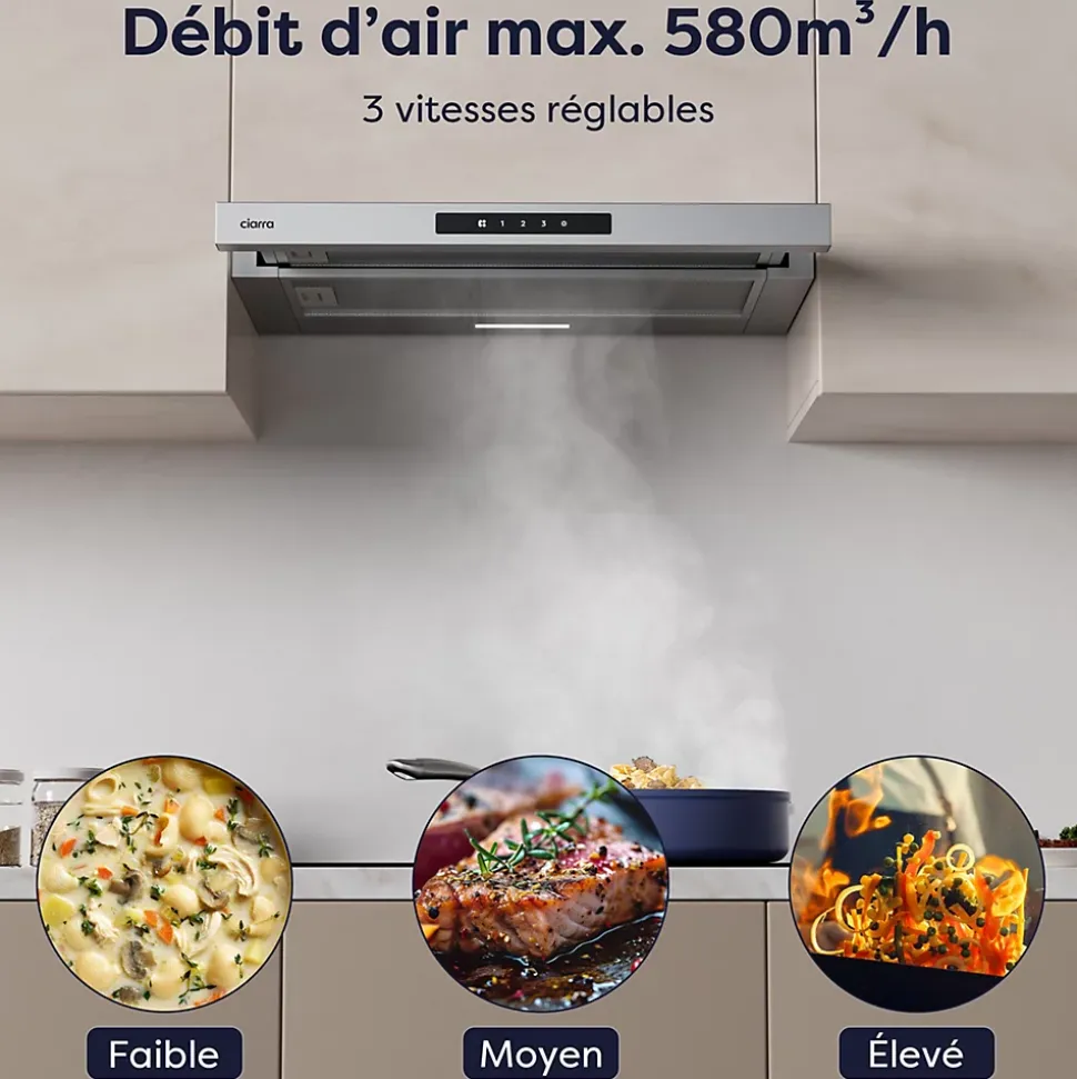 Hotte tiroir encastrable 60cm 580m3/h 3 vitesses tactile évacuation ou recyclage inox Ciarra CD6909AS