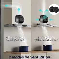Hotte tiroir encastrable 60cm 580m3/h 3 vitesses tactile évacuation ou recyclage inox Ciarra CD6909AS