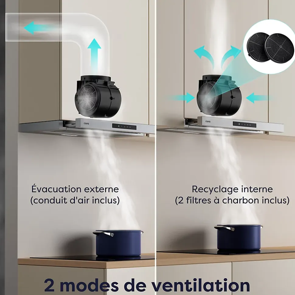 Hotte tiroir encastrable 60cm 580m3/h 3 vitesses tactile évacuation ou recyclage inox Ciarra CD6909AS