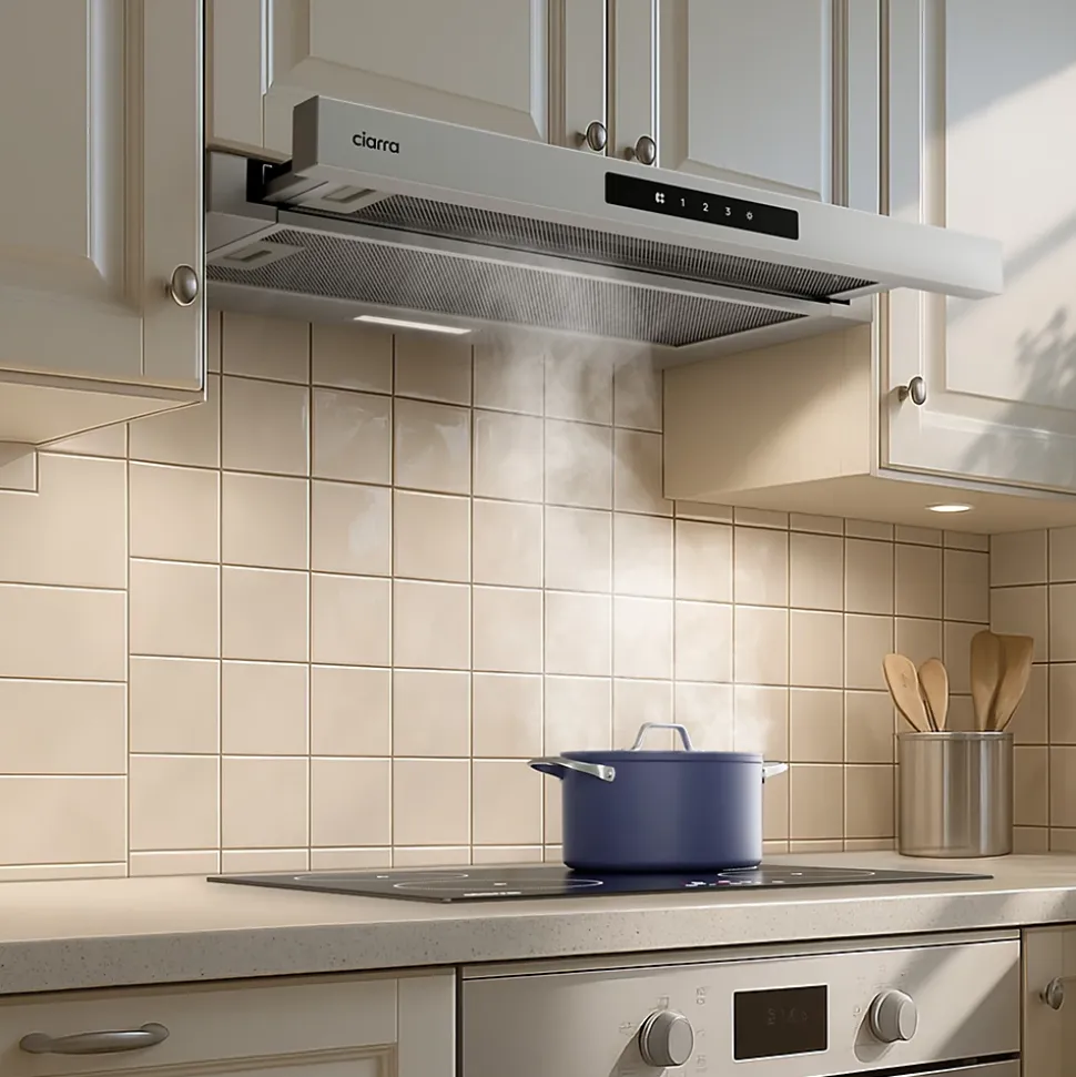 Hotte tiroir encastrable 60cm 580m3/h 3 vitesses tactile évacuation ou recyclage inox Ciarra CD6909AS