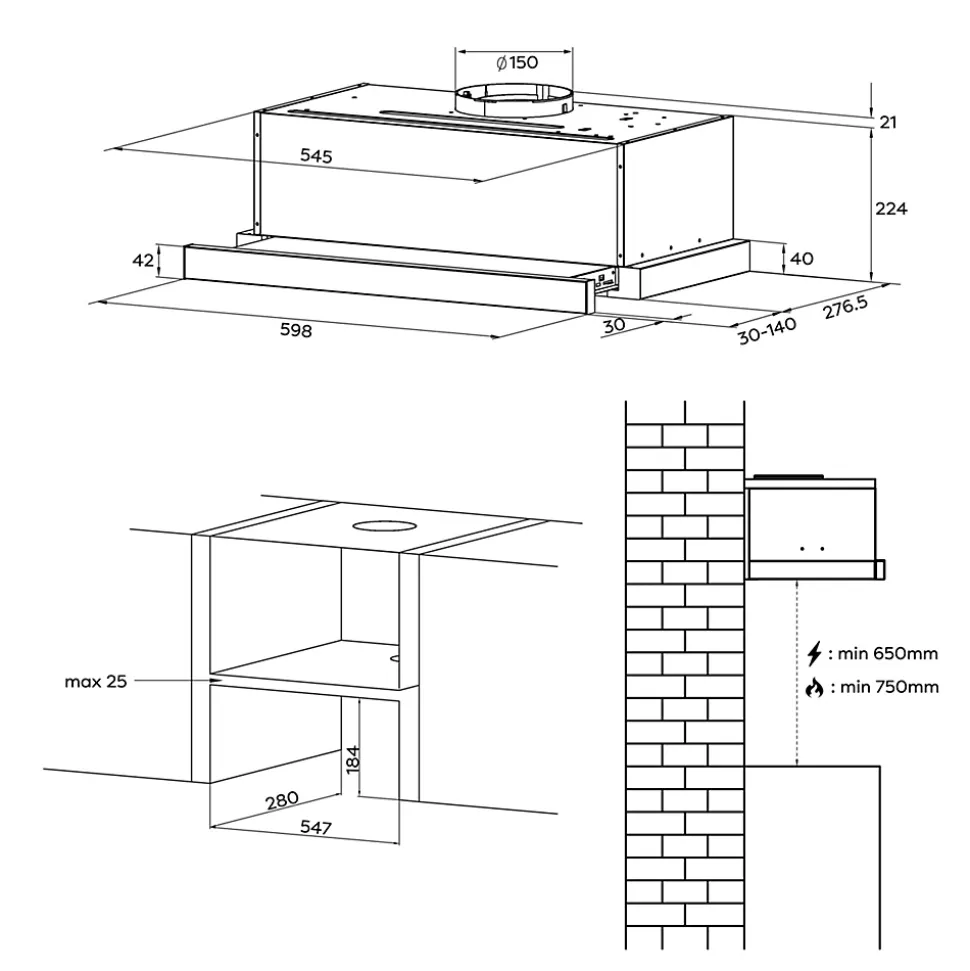 Hotte tiroir encastrable 60cm 580m3/h 3 vitesses tactile évacuation ou recyclage inox Ciarra CD6909AS