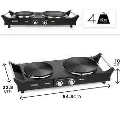 HP2 BK Plaque de cuisson électrique 2500W Foyers de 15 et 20 cm Poignées ergonomiques Thermostat Camping Réchaud Caravane Duronic
