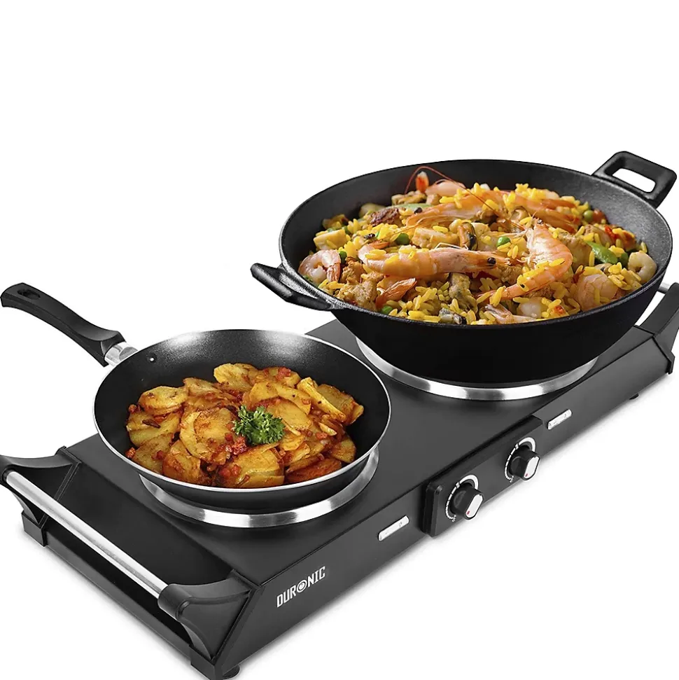 HP2 BK Plaque de cuisson électrique 2500W Foyers de 15 et 20 cm Poignées ergonomiques Thermostat Camping Réchaud Caravane Duronic