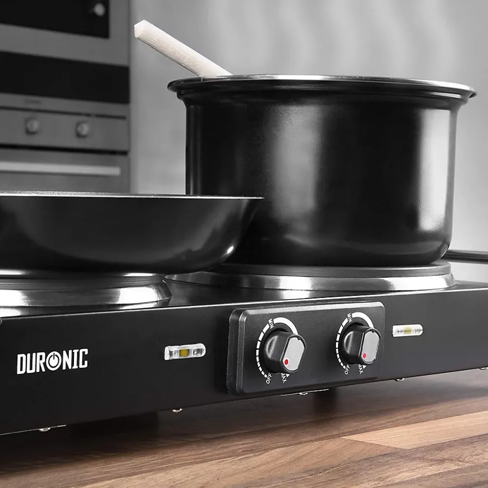 HP2 BK Plaque de cuisson électrique 2500W Foyers de 15 et 20 cm Poignées ergonomiques Thermostat Camping Réchaud Caravane Duronic