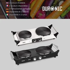 HP2 BK Plaque de cuisson électrique 2500W Foyers de 15 et 20 cm Poignées ergonomiques Thermostat Camping Réchaud Caravane Duronic