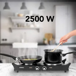 HP2 BK Plaque de cuisson électrique 2500W Foyers de 15 et 20 cm Poignées ergonomiques Thermostat Camping Réchaud Caravane Duronic