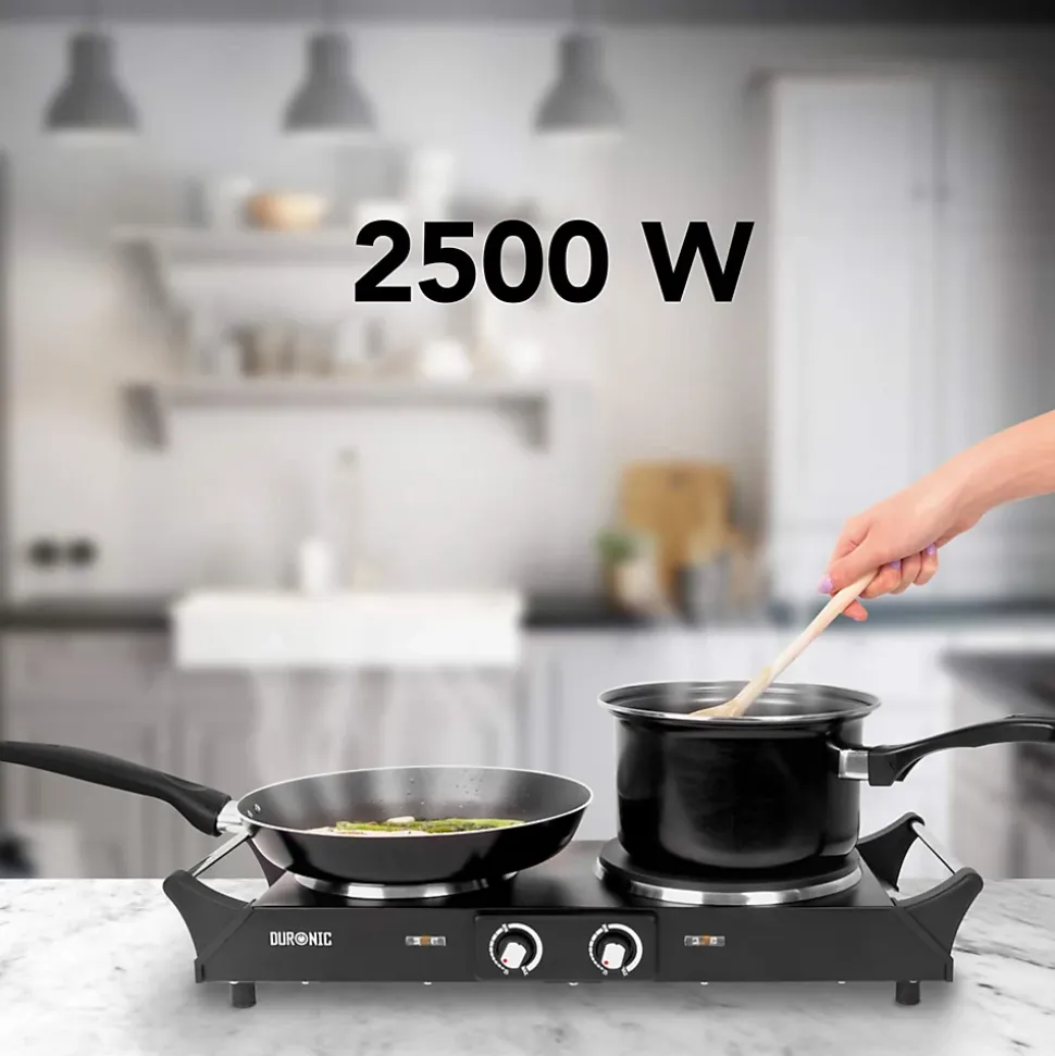 HP2 BK Plaque de cuisson électrique 2500W Foyers de 15 et 20 cm Poignées ergonomiques Thermostat Camping Réchaud Caravane Duronic