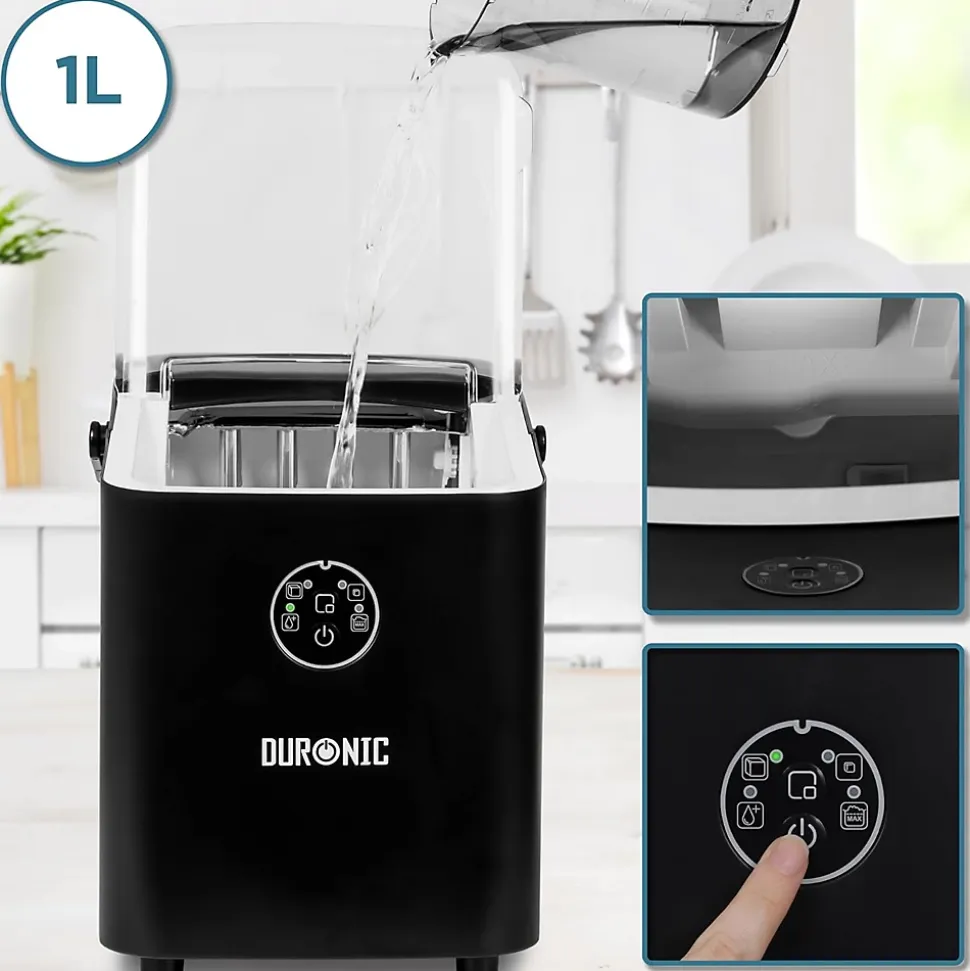 ICM12 BK Machine à glaçons automatique 120W 8 cubes en 6 à 8 min Panier 1 litre Réservoir 1 litre Pelle incluse Cocktail Duronic