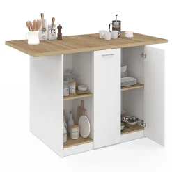 Ilot central BAO 140 cm 4 personnes bois blanc avec plan de travail façon hêtre