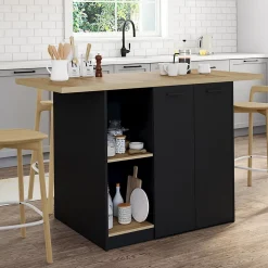 Ilot central BAO 140 cm 4 personnes bois noir avec plan de travail façon hêtre