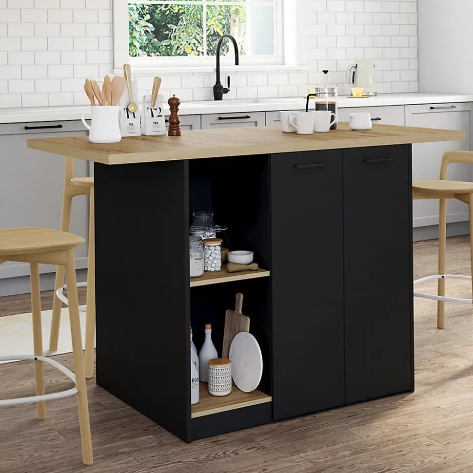 Ilot central BAO 140 cm 4 personnes bois noir avec plan de travail façon hêtre