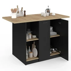 Ilot central BAO 140 cm 4 personnes bois noir avec plan de travail façon hêtre