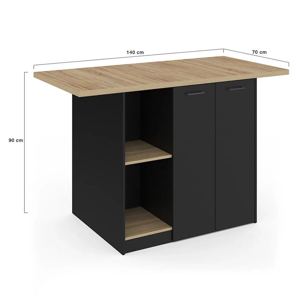 Ilot central BAO 140 cm 4 personnes bois noir avec plan de travail façon hêtre