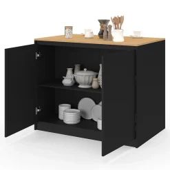 Ilot central CESAR 110 cm avec tablette relevable rectangulaire bois noir et façon hêtre