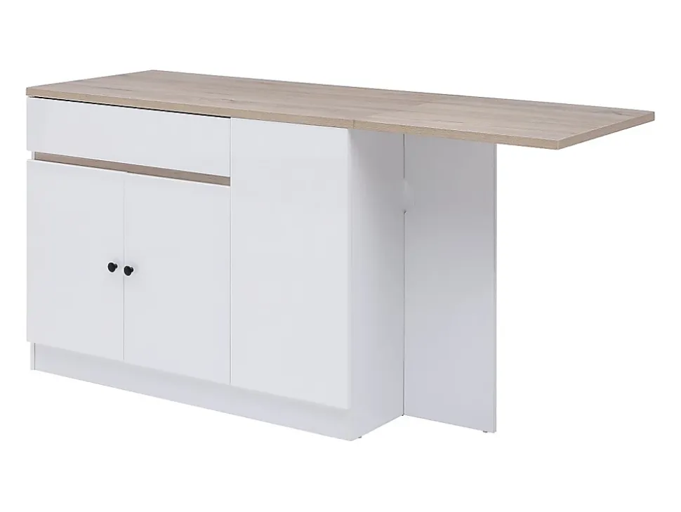 Ilot central de cuisine avec rangements en MDF - Blanc et naturel - HELOMY