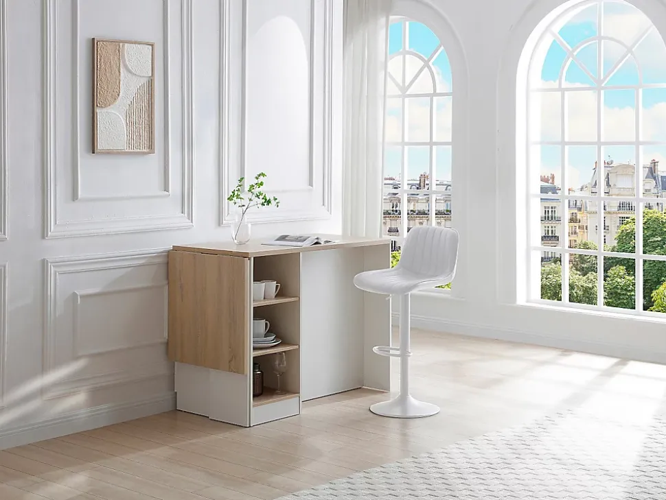 Ilot central de cuisine avec rangements en MDF - Blanc et naturel - HELOMY