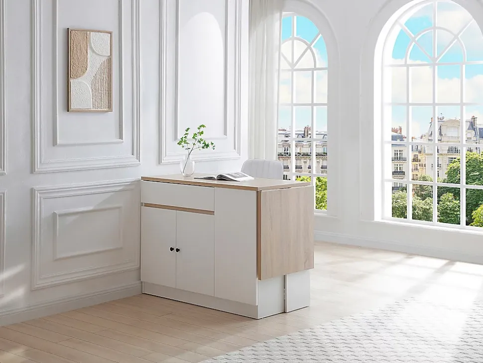 Ilot central de cuisine avec rangements en MDF - Blanc et naturel - HELOMY