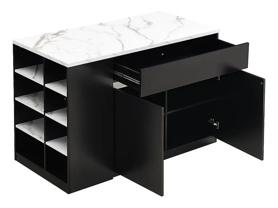 Ilot central de cuisine avec rangements - Effet marbre blanc et noir - MEILI